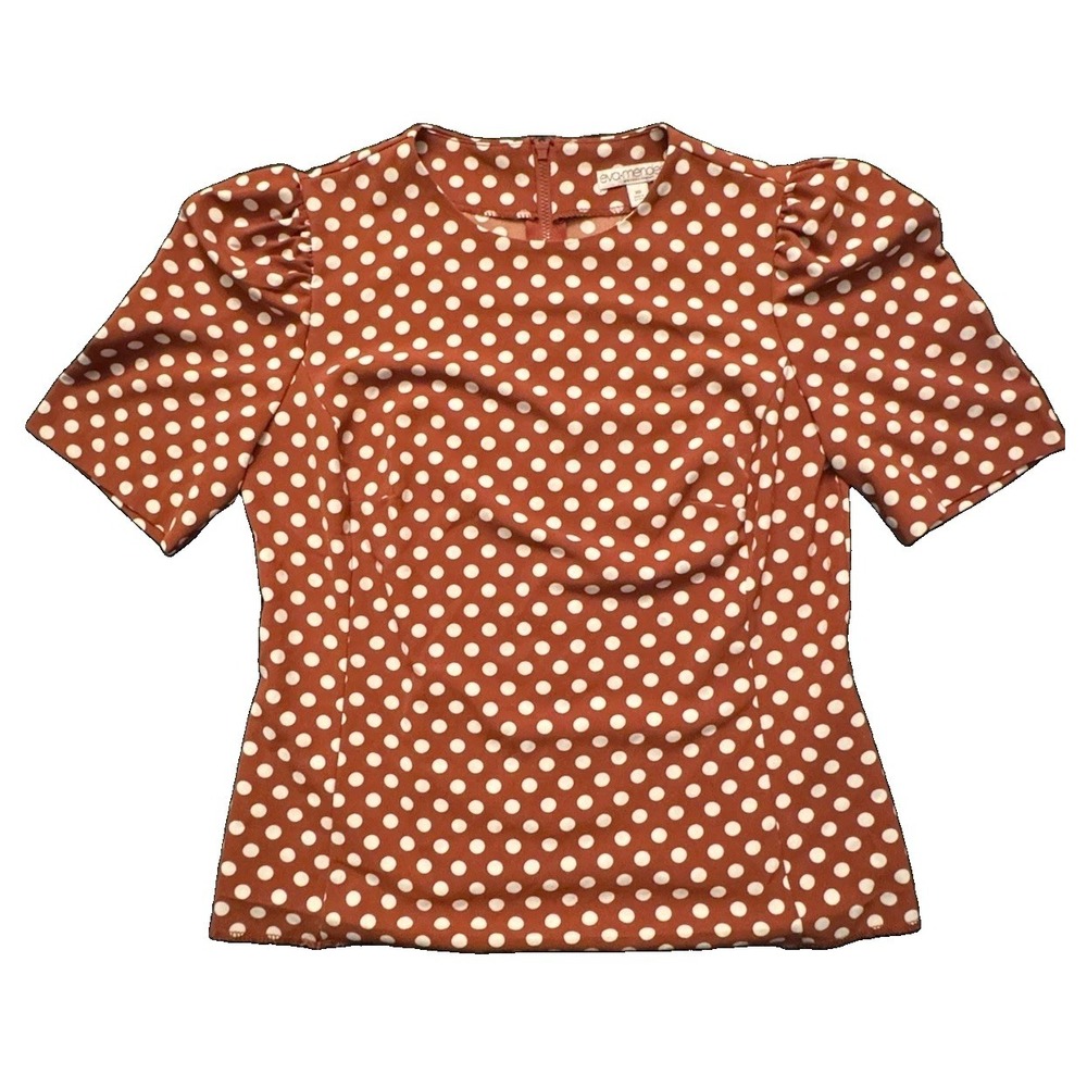 Eva Mendes NY&Co Women Blouse XS Rust Cream Polka Dot Puff Sleeve Back  Zip